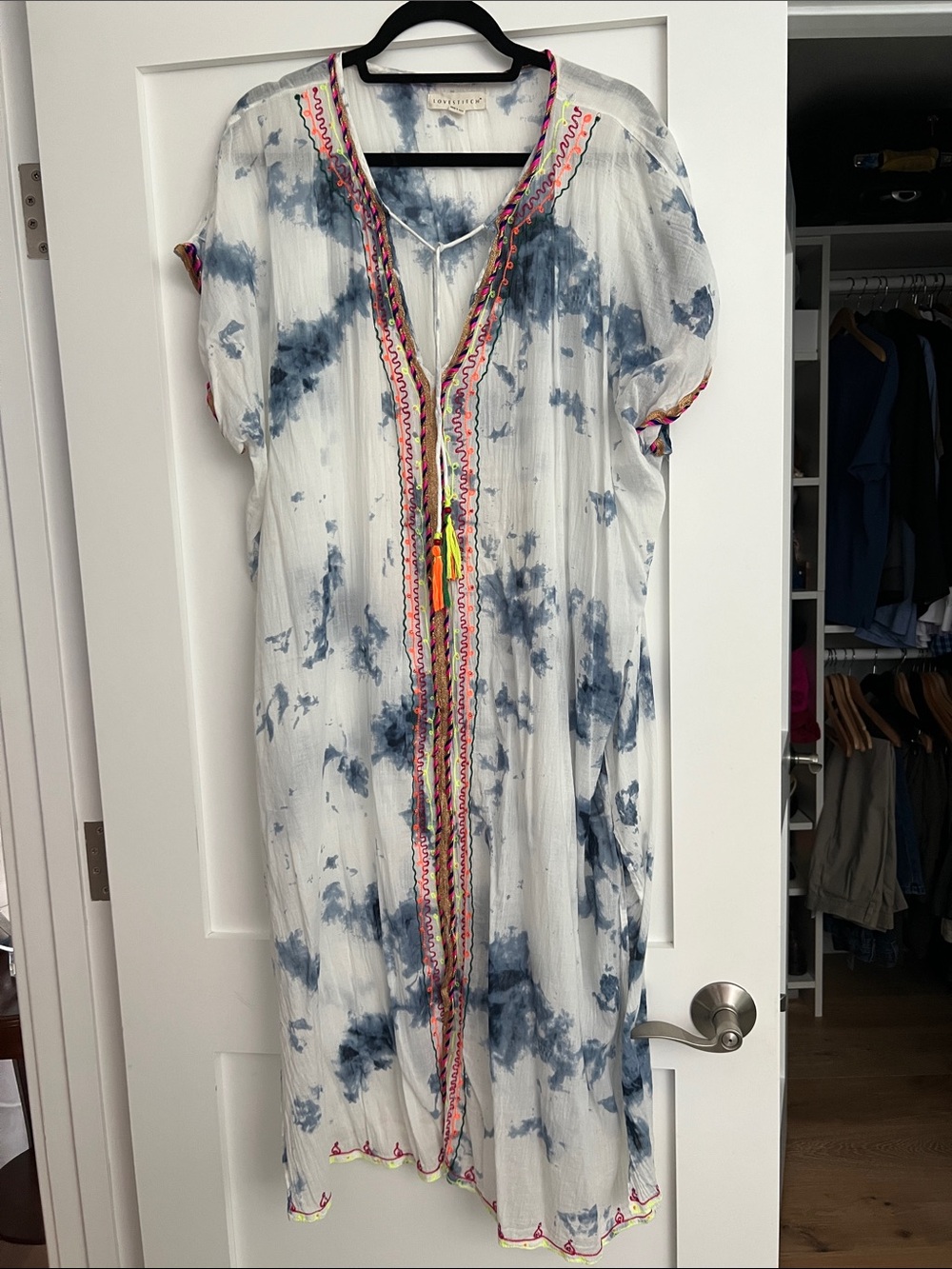 Love Stitch White Maxi Dress with Blue Tie-Dye & Multicolor Trim